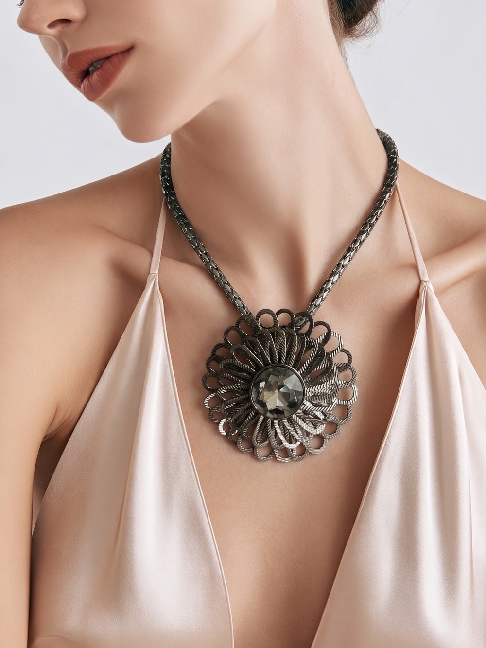 Black Statement Pendant Necklace with Faceted Crystal